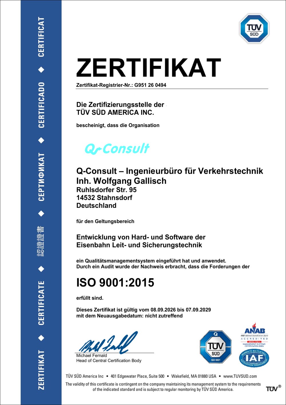 DIN EN ISO 9001:2015-Zertifikat von TÜV SÜD America Inc. (ANAB-akkreditiert) für Q-Consult - Ingenieurbüro für Verkehrstechnik, Stahnsdorf