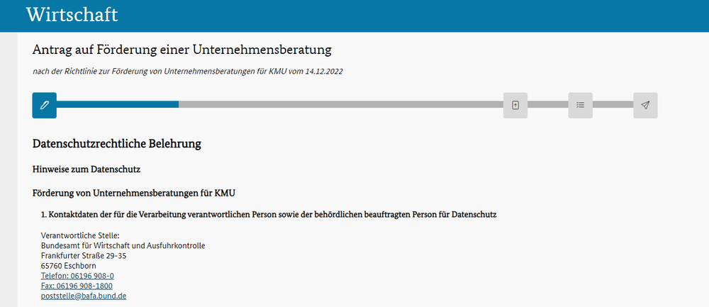 Seite Datenschutzrechtliche Belehrung des BAFA-Antragsformulars mit den Kontaktdaten der verantwortlichen Stelle.