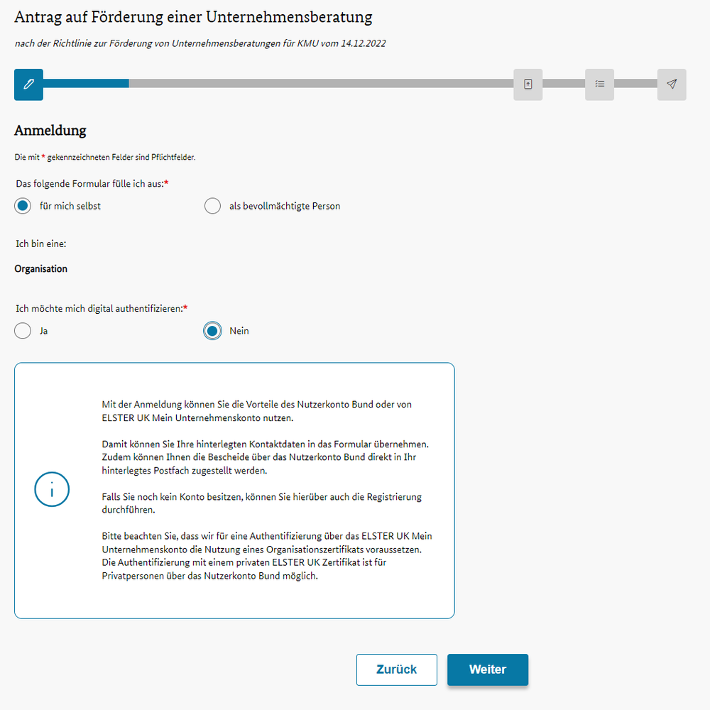 Seite Anmeldung im BAFA-Antragsformular mit den markierten Auswahlfeldern fuer mich selbst und Nein sowie dem markierten Weiter-Knopf.