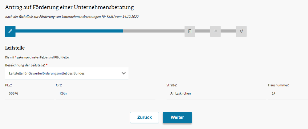 Seite Leitstelle mit dem markierten Auswahlfeld Leitstelle fuer Gewerbefoerderungsmittel des Bundes und dem markierten Weiter-Knopf.