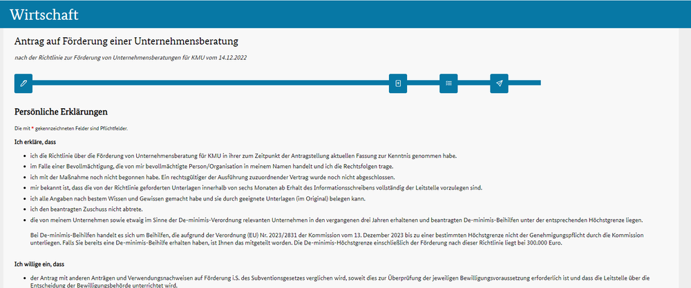Seite Persoenliche Erklaerungen des BAFA-Antragsformulars mit den Erklaerungen zur Foerderrichtlinie und zur De-minimis-Verordnung.