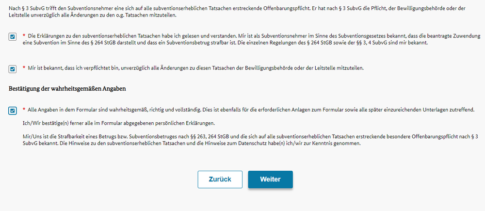 Erklaerung zu subventionserheblichen Tatsachen mit drei markierten Haekchen und dem markierten Weiter-Knopf.