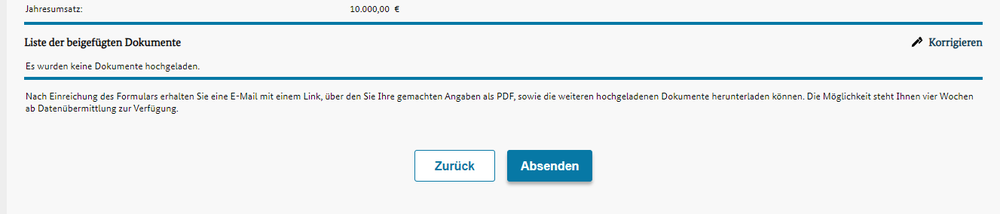 Unterer Teil der Pruefseite mit der Liste der beigefuegten Dokumente und dem markierten Knopf Absenden.