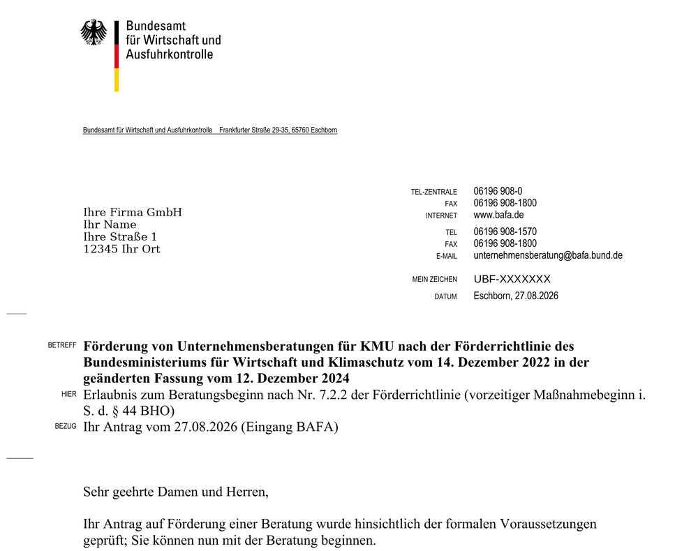 Auszug aus dem BAFA-Schreiben "Erlaubnis zum Beratungsbeginn": Briefkopf des Bundesamts für Wirtschaft und Ausfuhrkontrolle, Betreff, Bezug auf den Antrag und der Satz, dass die Beratung nun beginnen kann. Anschrift und Aktenzeichen sind durch Platzhalter ersetzt.