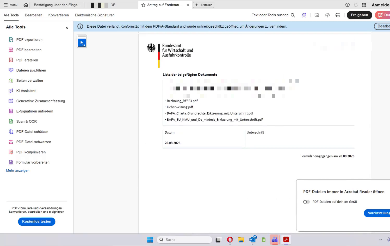 Bestätigung über den Eingang des unterschriebenen Verwendungsnachweisformulars